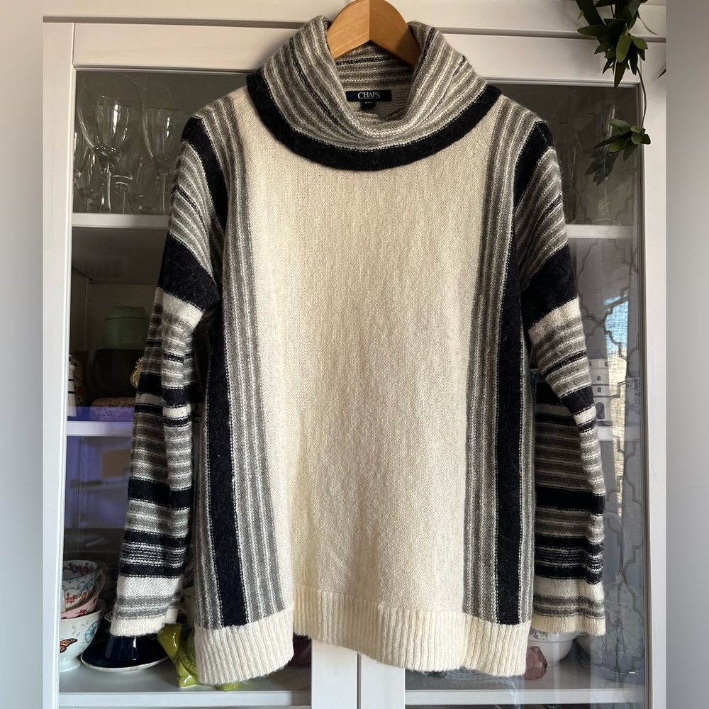 Chaps brand striped cowl neck sweater in cream, black & light grey